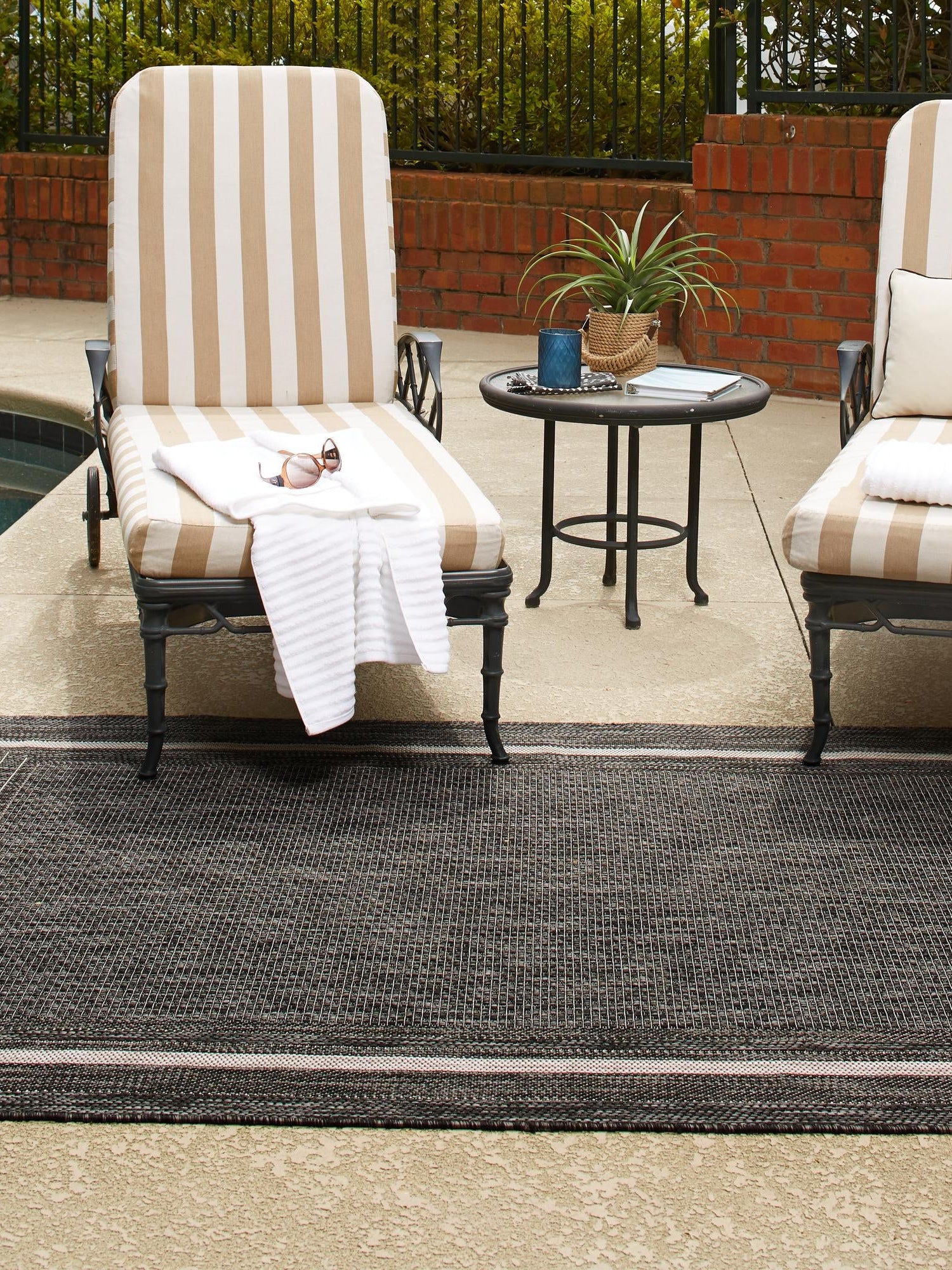 Black 4' 1 x 6' 1 Outdoor Border Rectangle Area Rug Weather Resistant for Patio, Deck, Terrace, Balcony, Porch Discounted Clearance Final Sale