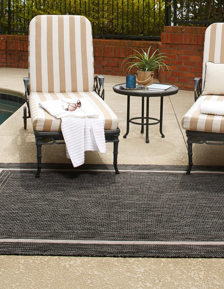 Black 4' 1 x 6' 1 Outdoor Border Rectangle Area Rug Weather Resistant for Patio, Deck, Terrace, Balcony, Porch Discounted Clearance Final Sale 100% Polypropylene Classic Bordered Carpet for Sale at Rug Engine