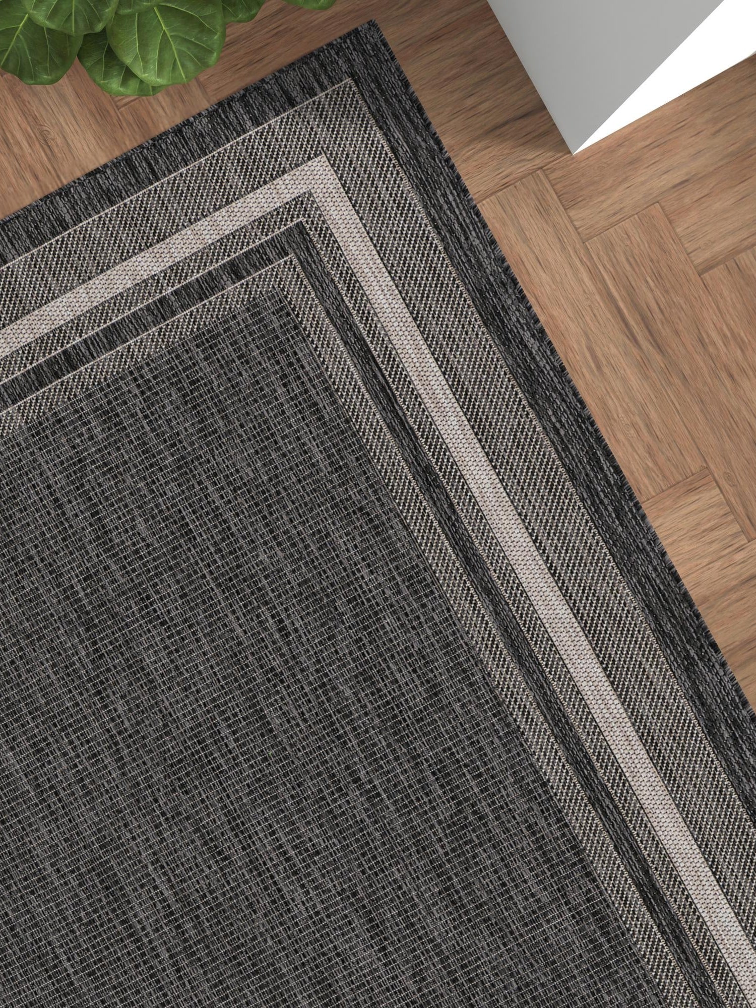 Black 6' 1 x 9' Outdoor Border Rectangle Area Rug Weather Resistant for Patio, Deck, Terrace, Balcony, Porch 100% Polypropylene Classic Bordered Carpet for Sale at Rug Engine