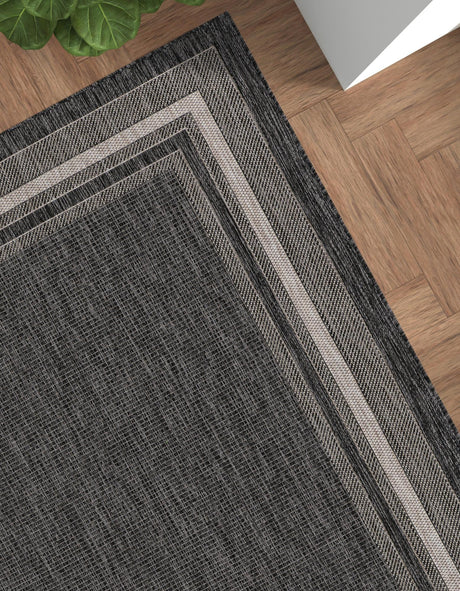 Black 4' 1 x 6' 1 Outdoor Border Rectangle Area Rug Weather Resistant for Patio, Deck, Terrace, Balcony, Porch Discounted Clearance Final Sale 100% Polypropylene Classic Bordered Carpet for Sale at Rug Engine