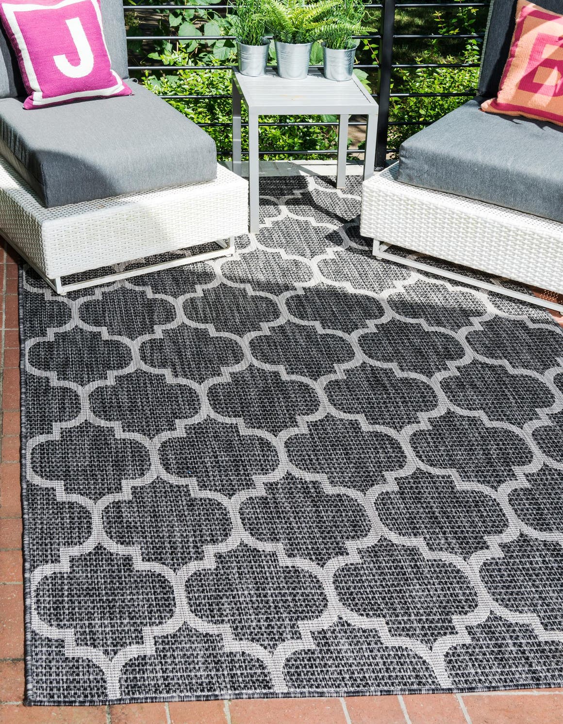 Black 2' x 3' 1 Outdoor Trellis Rectangle Area Rug Weather Resistant for Patio, Deck, Terrace, Balcony, Porch Geometric Design Water Safe Outside Carpet for Sale at Rug Engine