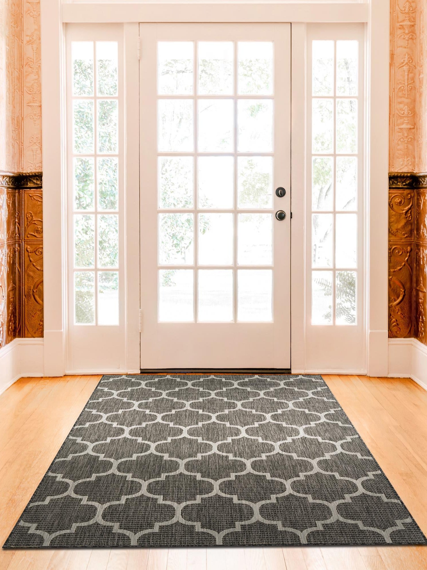 Black 7' 1 x 10' Outdoor Trellis Rectangle Area Rug Weather Resistant for Patio, Deck, Terrace, Balcony, Porch Geometric Design Water Safe Outside Carpet for Sale at Rug Engine