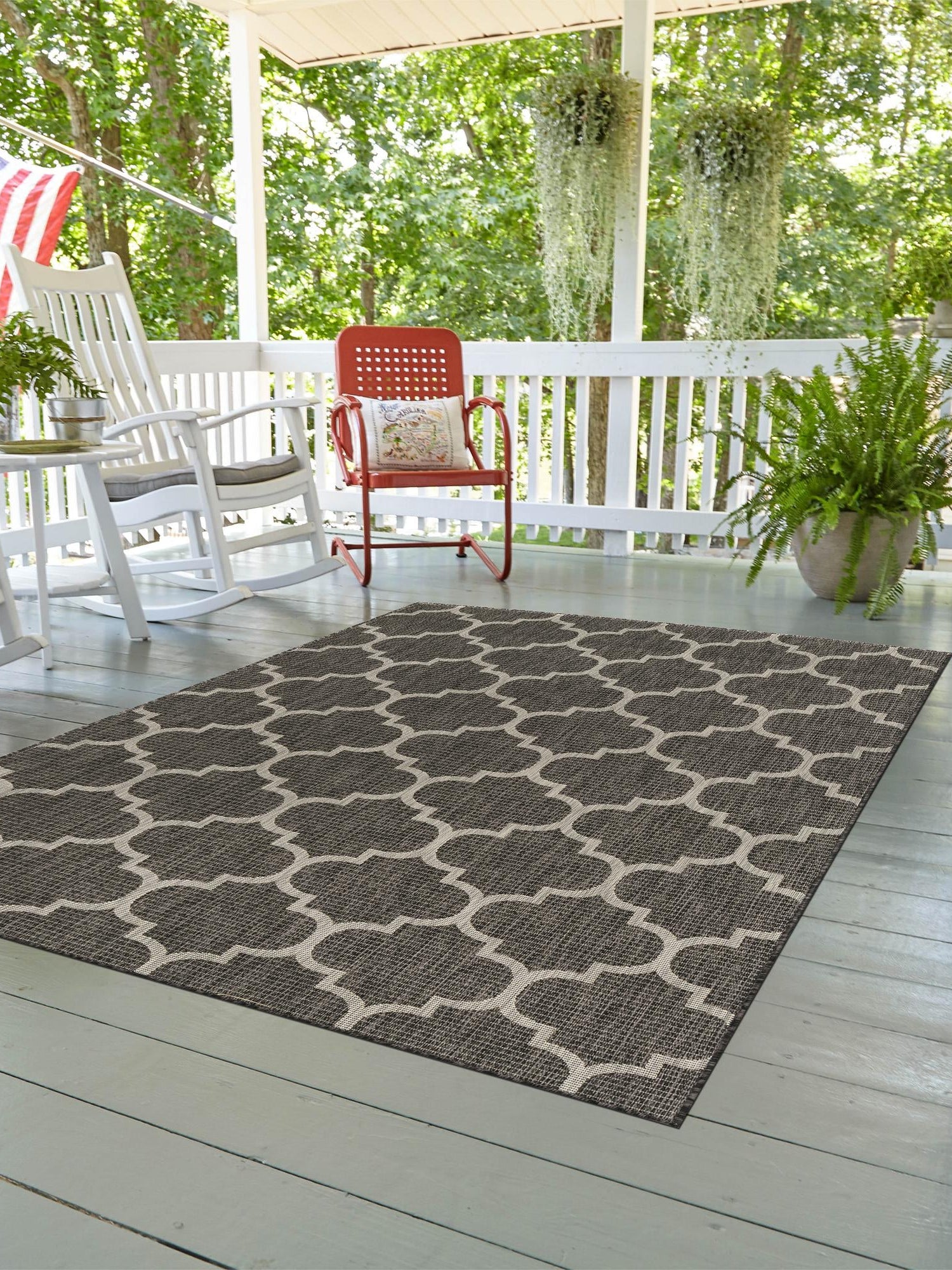 Black 6' 1 x 9' Outdoor Trellis Rectangle Area Rug Weather Resistant for Patio, Deck, Terrace, Balcony, Porch Geometric Design Water Safe Outside Carpet for Sale at Rug Engine