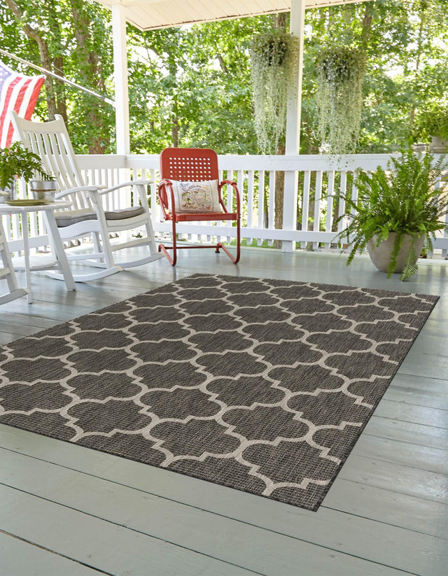 Black 9' x 12' Outdoor Trellis Rectangle Area Rug Weather Resistant for Patio, Deck, Terrace, Balcony, Porch Geometric Design Water Safe Outside Carpet for Sale at Rug Engine