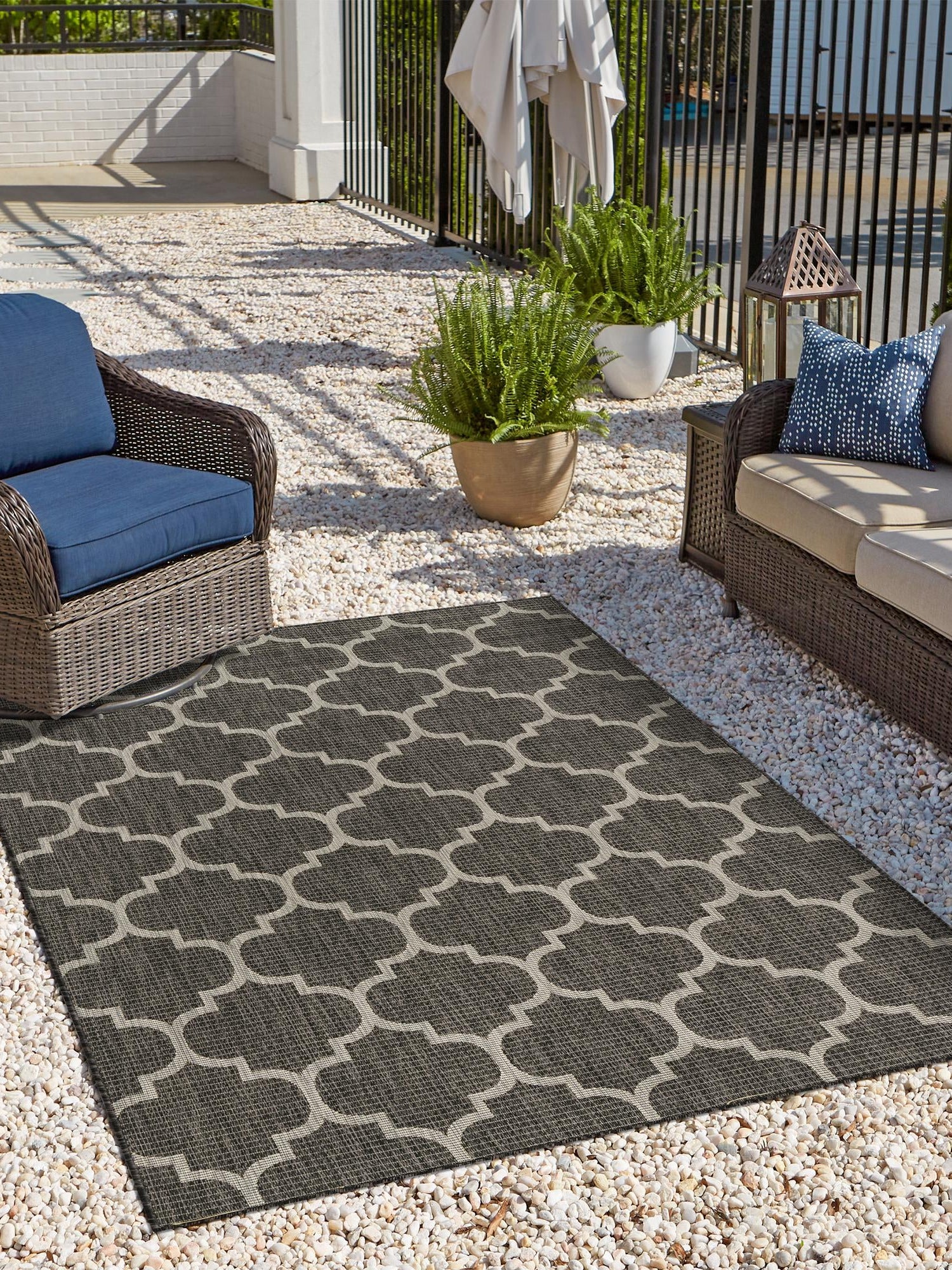 Black 5' 3 x 8' Outdoor Trellis Rectangle Area Rug Weather Resistant for Patio, Deck, Terrace, Balcony, Porch Geometric Design Water Safe Outside Carpet for Sale at Rug Engine