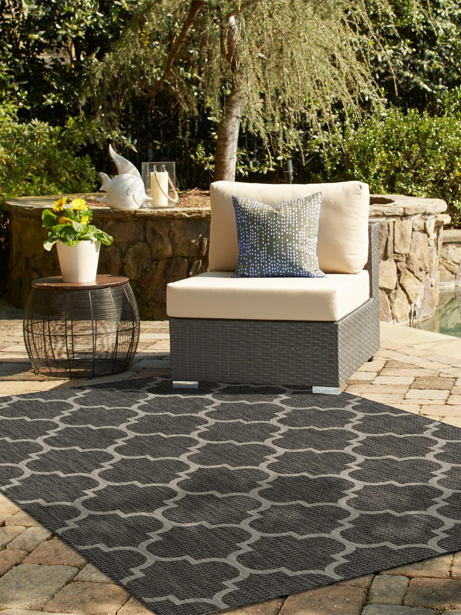 Black 2' x 3' 1 Outdoor Trellis Rectangle Area Rug Weather Resistant for Patio, Deck, Terrace, Balcony, Porch Geometric Design Water Safe Outside Carpet for Sale at Rug Engine