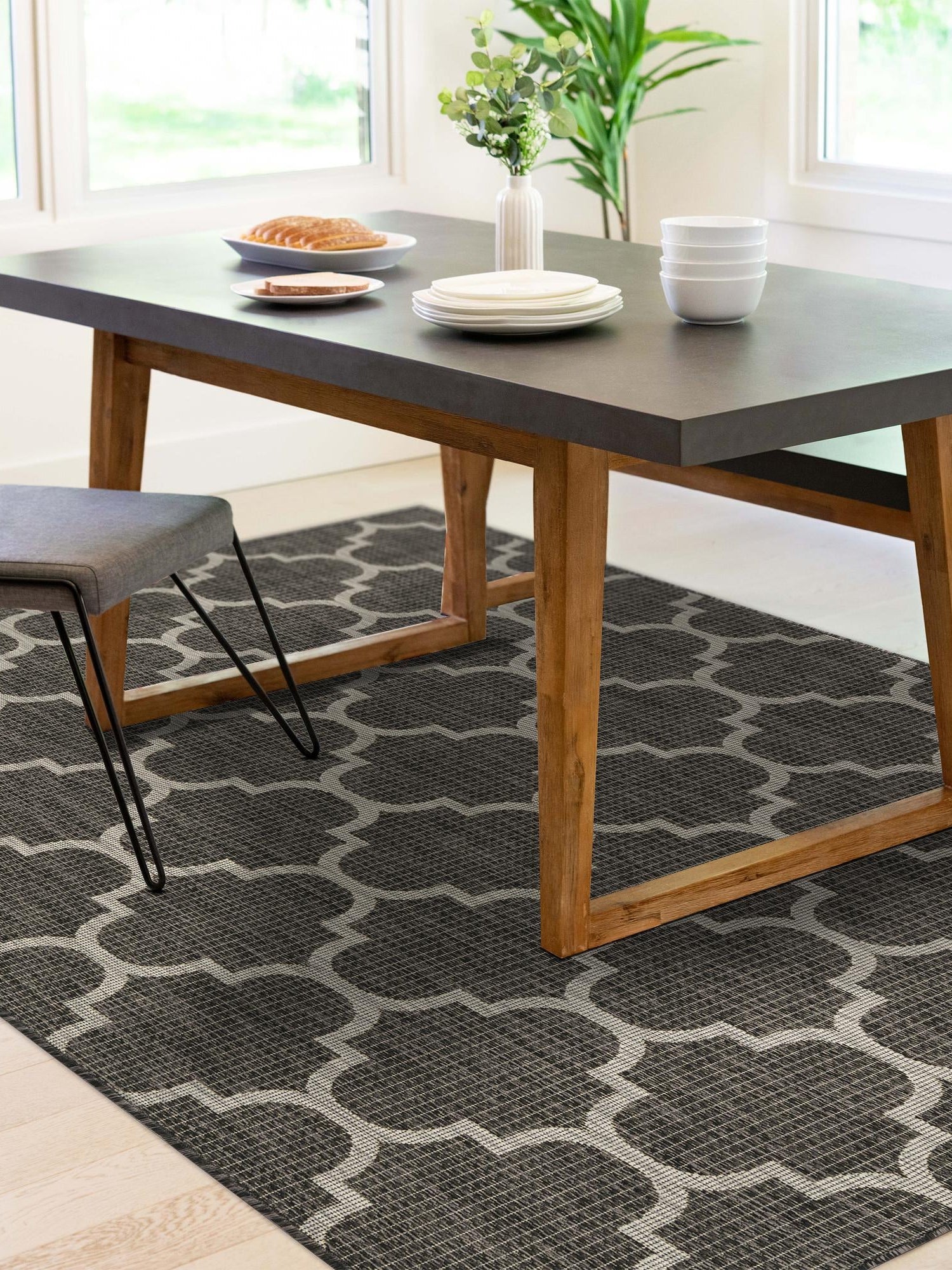 Black 7' 10 x 11' Outdoor Trellis Rectangle Area Rug Weather Resistant for Patio, Deck, Terrace, Balcony, Porch Geometric Design Water Safe Outside Carpet for Sale at Rug Engine