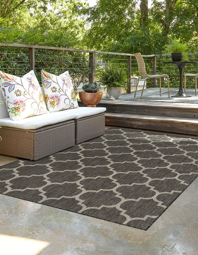 Black 7' 10 x 10' Outdoor Trellis Rectangle Area Rug Weather Resistant for Patio, Deck, Terrace, Balcony, Porch Geometric Design Water Safe Outside Carpet for Sale at Rug Engine