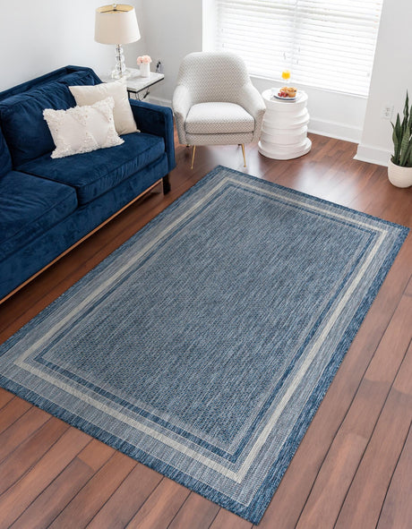 Blue 4' 1 x 6' 1 Outdoor Border Rectangle Area Rug Weather Resistant for Patio, Deck, Terrace, Balcony, Porch 100% Polypropylene Classic Bordered Carpet for Sale at Rug Engine