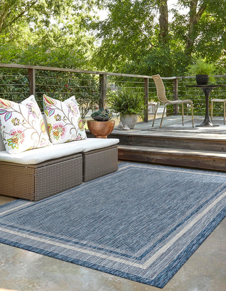 Blue 4' 1 x 6' 1 Outdoor Border Rectangle Area Rug Weather Resistant for Patio, Deck, Terrace, Balcony, Porch 100% Polypropylene Classic Bordered Carpet for Sale at Rug Engine