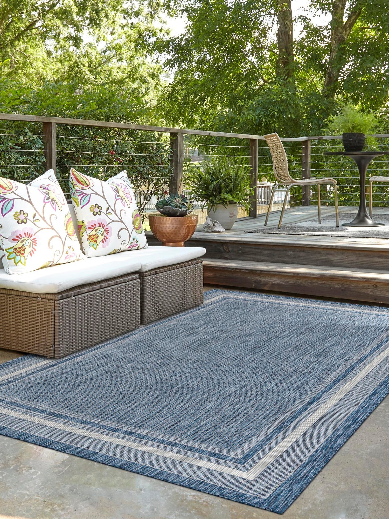Blue 7' 10 x 11' Outdoor Border Rectangle Area Rug Weather Resistant for Patio, Deck, Terrace, Balcony, Porch 100% Polypropylene Classic Bordered Carpet for Sale at Rug Engine