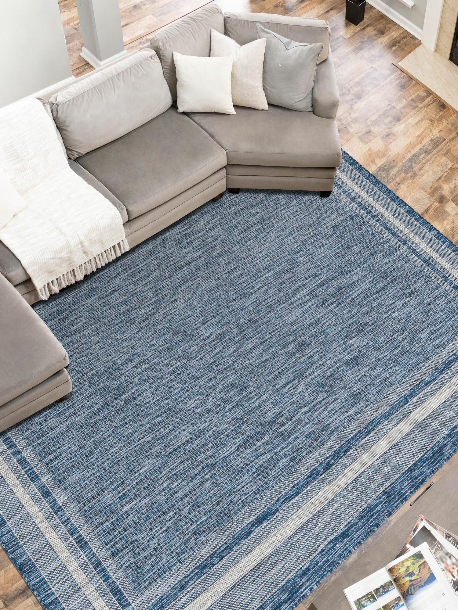 Blue 6' 1 x 9' Outdoor Border Rectangle Area Rug Weather Resistant for Patio, Deck, Terrace, Balcony, Porch 100% Polypropylene Classic Bordered Carpet for Sale at Rug Engine