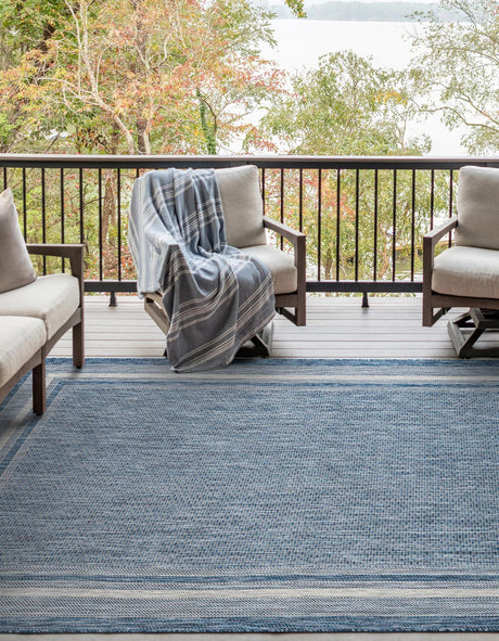Blue 4' 1 x 6' 1 Outdoor Border Rectangle Area Rug Weather Resistant for Patio, Deck, Terrace, Balcony, Porch 100% Polypropylene Classic Bordered Carpet for Sale at Rug Engine