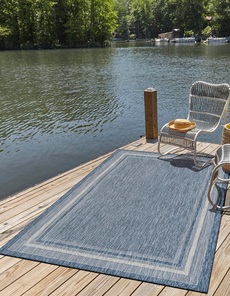 Blue 4' 1 x 6' 1 Outdoor Border Rectangle Area Rug Weather Resistant for Patio, Deck, Terrace, Balcony, Porch 100% Polypropylene Classic Bordered Carpet for Sale at Rug Engine