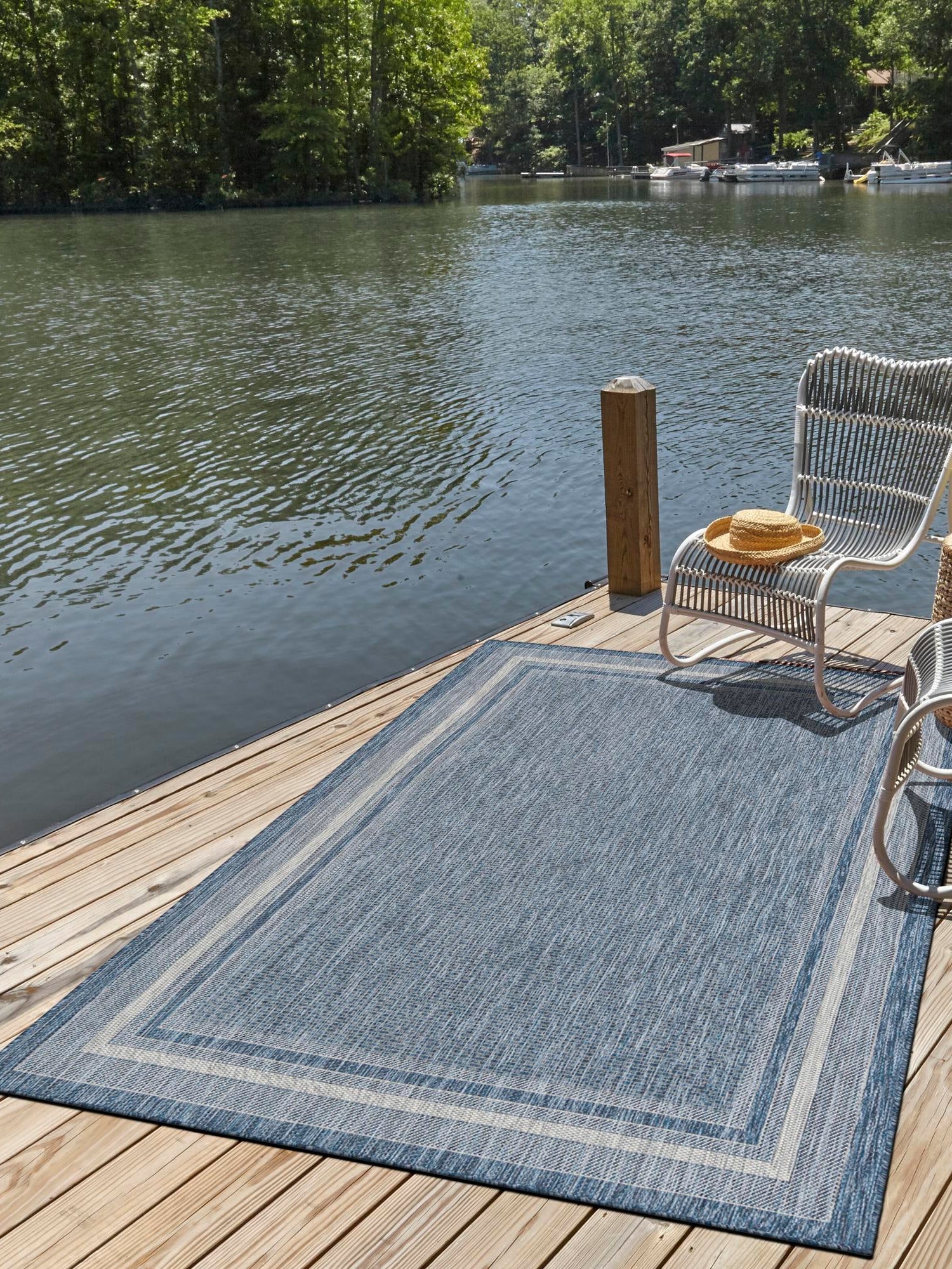 Blue 9' x 12' Outdoor Border Rectangle Area Rug Weather Resistant for Patio, Deck, Terrace, Balcony, Porch 100% Polypropylene Classic Bordered Carpet for Sale at Rug Engine