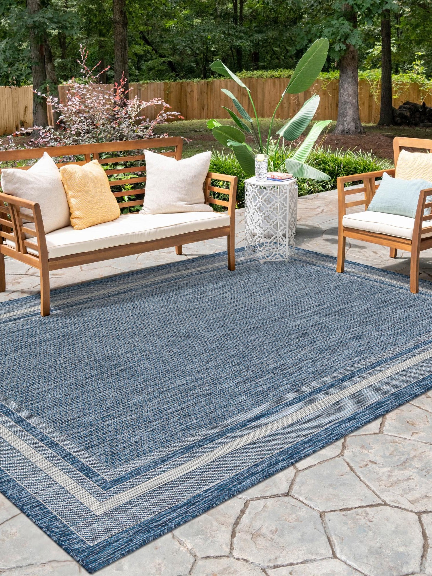 Blue 5' 3 x 8' Outdoor Border Rectangle Area Rug Weather Resistant for Patio, Deck, Terrace, Balcony, Porch 100% Polypropylene Classic Bordered Carpet for Sale at Rug Engine