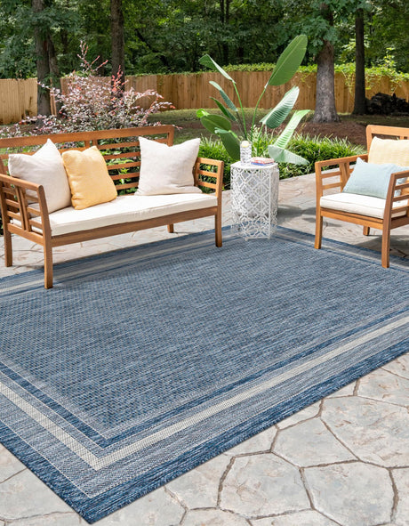Blue 4' 1 x 6' 1 Outdoor Border Rectangle Area Rug Weather Resistant for Patio, Deck, Terrace, Balcony, Porch 100% Polypropylene Classic Bordered Carpet for Sale at Rug Engine