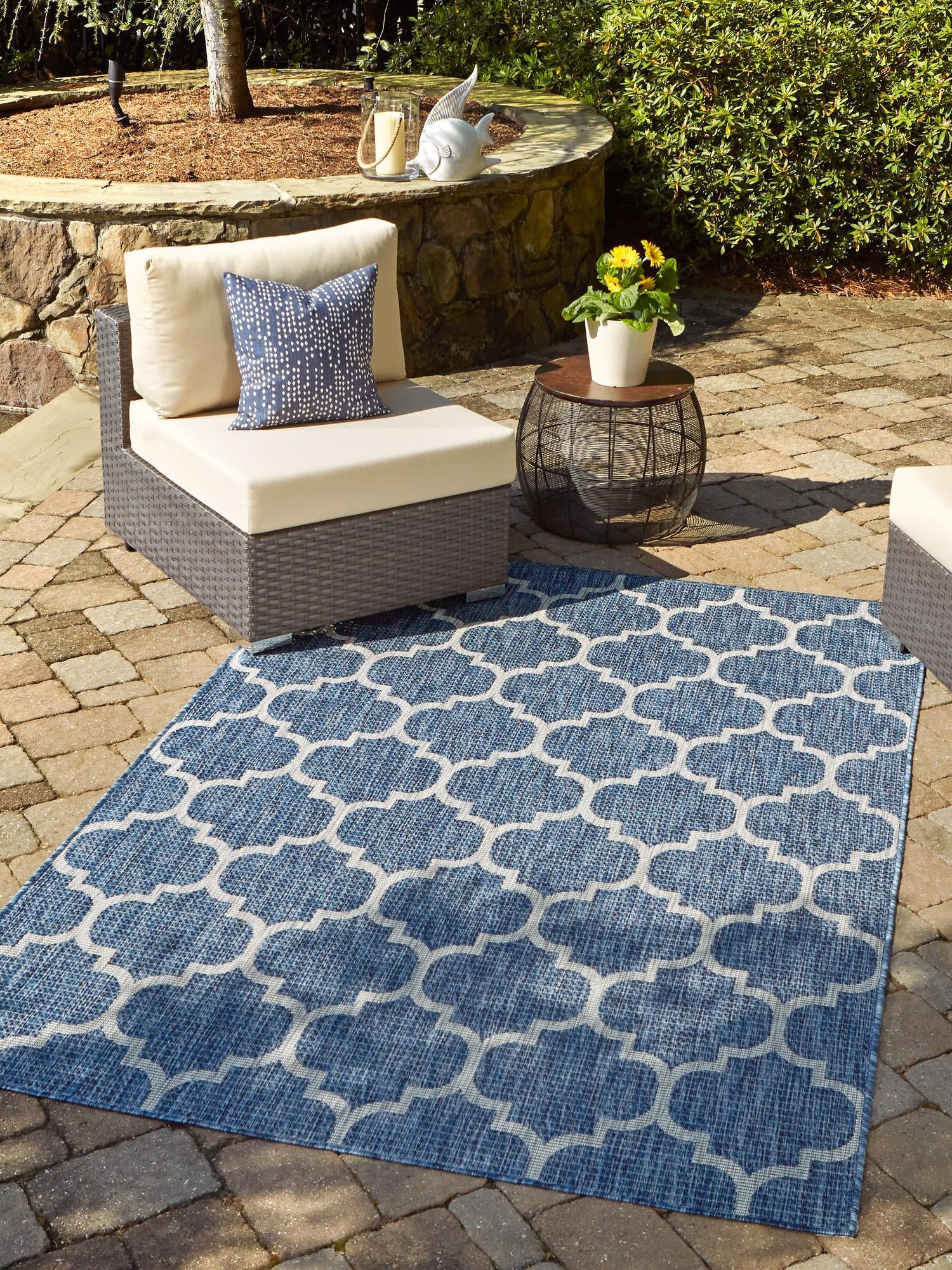 Navy Blue 10' x 14' 1 Outdoor Trellis Rectangle Area Rug Weather Resistant for Patio, Deck, Terrace, Balcony, Porch Geometric Design Water Safe Outside Carpet for Sale at Rug Engine