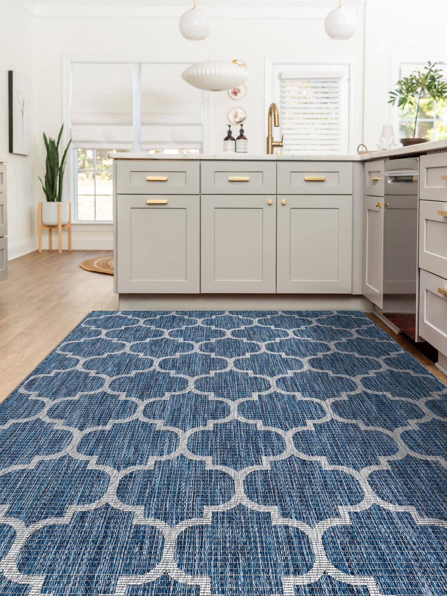 Navy Blue 4' 1 x 6' 1 Outdoor Trellis Rectangle Area Rug Weather Resistant for Patio, Deck, Terrace, Balcony, Porch Geometric Design Water Safe Outside Carpet for Sale at Rug Engine