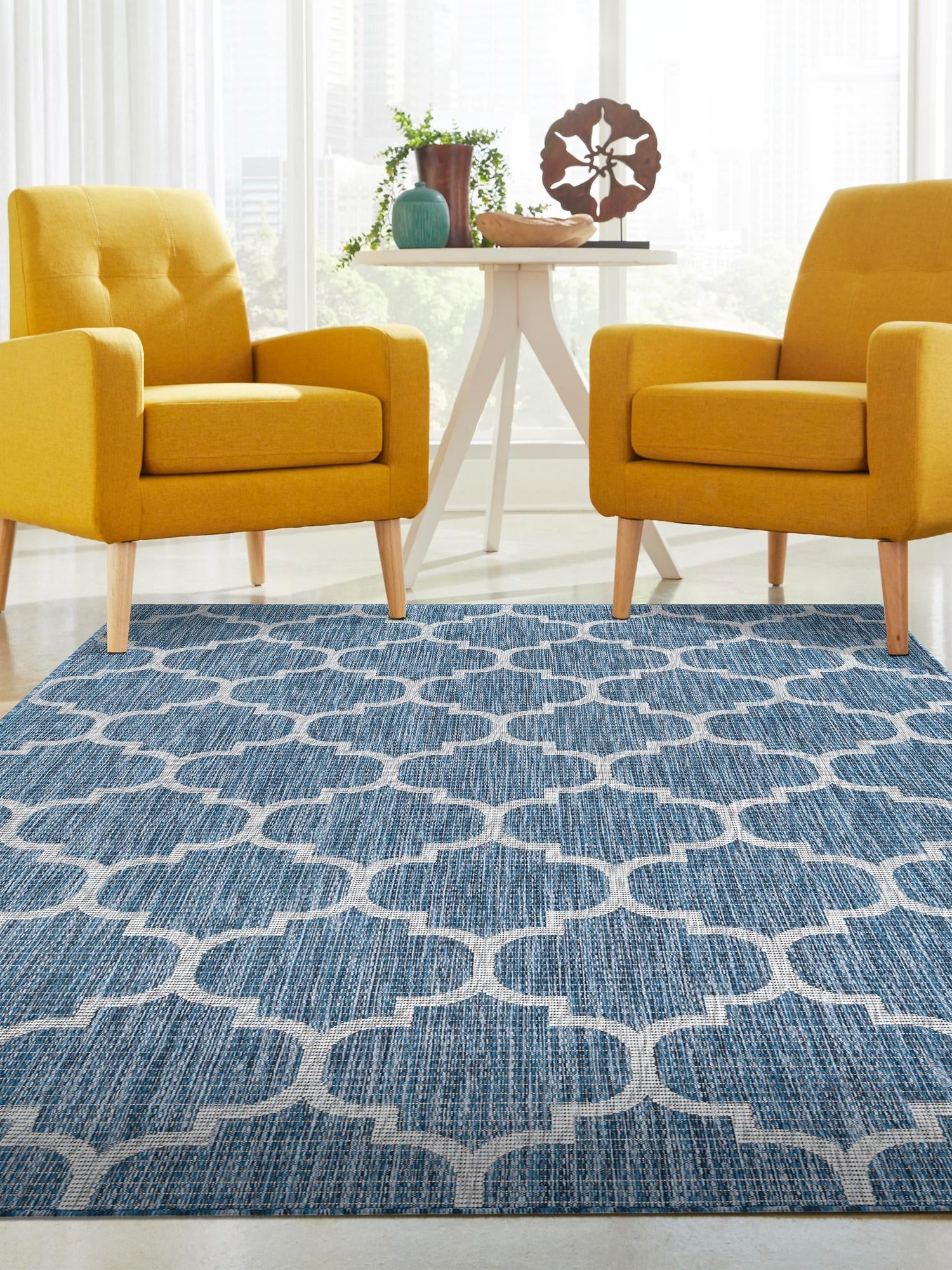 Navy Blue 7' 10 x 11' Outdoor Trellis Rectangle Area Rug Weather Resistant for Patio, Deck, Terrace, Balcony, Porch Geometric Design Water Safe Outside Carpet for Sale at Rug Engine
