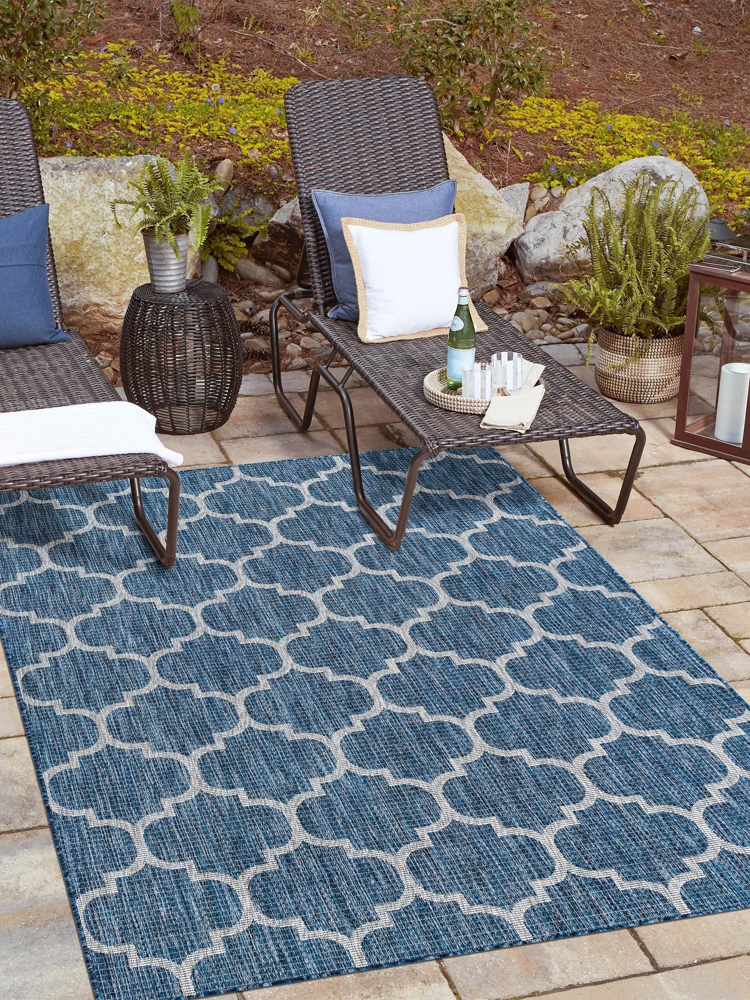 Navy Blue 9' x 12' Outdoor Trellis Rectangle Area Rug Weather Resistant for Patio, Deck, Terrace, Balcony, Porch Geometric Design Water Safe Outside Carpet for Sale at Rug Engine