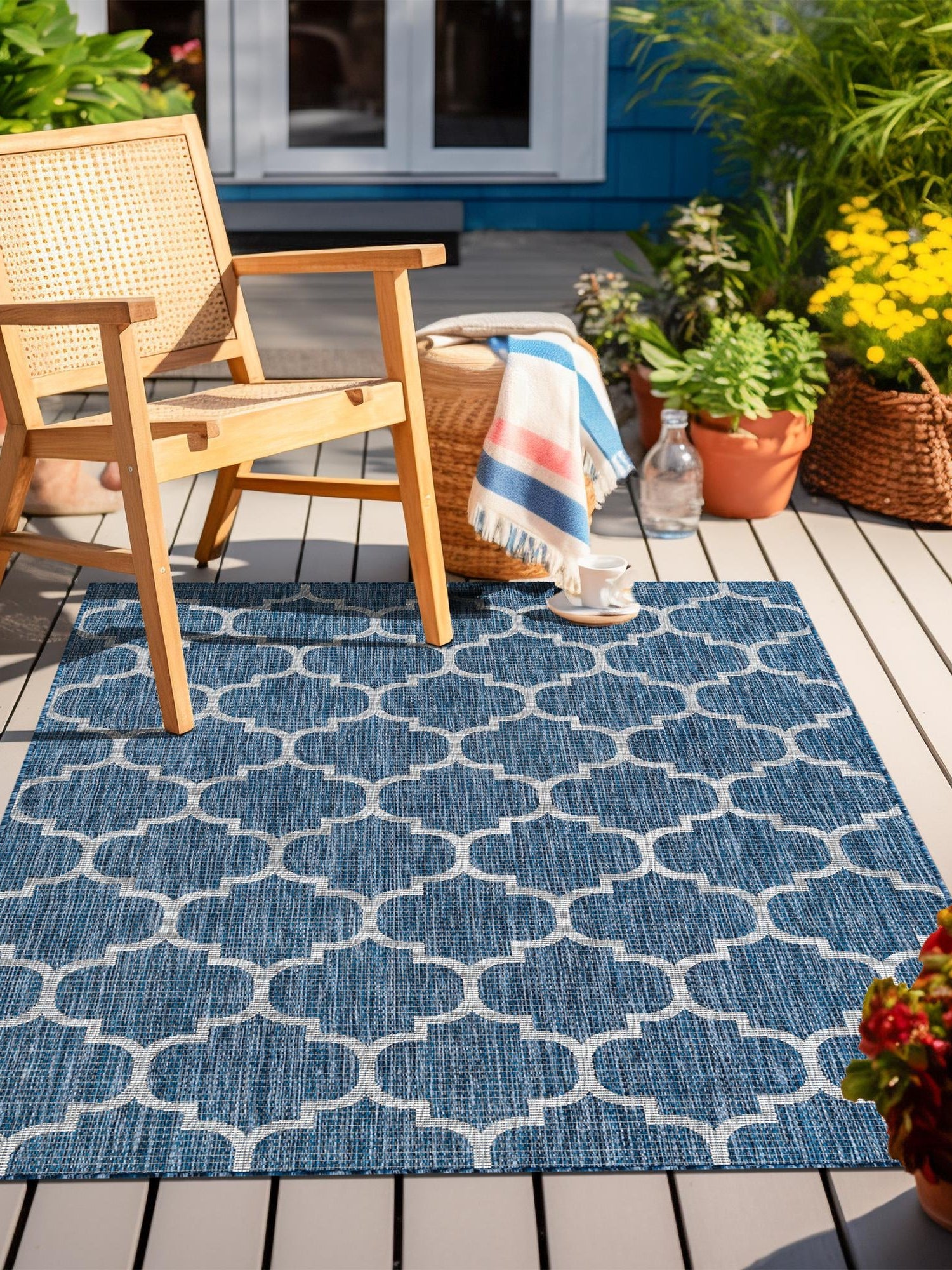 Navy Blue 4' 1 x 6' 1 Outdoor Trellis Rectangle Area Rug Weather Resistant for Patio, Deck, Terrace, Balcony, Porch Geometric Design Water Safe Outside Carpet for Sale at Rug Engine
