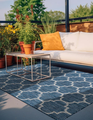 Navy Blue 6' 1 x 9' Outdoor Trellis Rectangle Area Rug Weather Resistant for Patio, Deck, Terrace, Balcony, Porch Geometric Design Water Safe Outside Carpet for Sale at Rug Engine