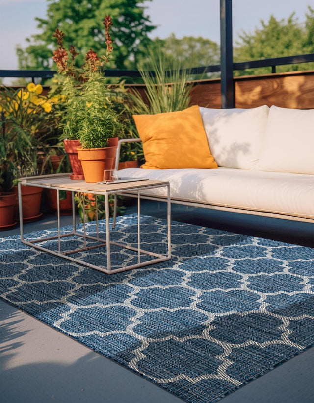 Navy Blue 7' 1 x 10' Outdoor Trellis Rectangle Area Rug Weather Resistant for Patio, Deck, Terrace, Balcony, Porch Geometric Design Water Safe Outside Carpet for Sale at Rug Engine