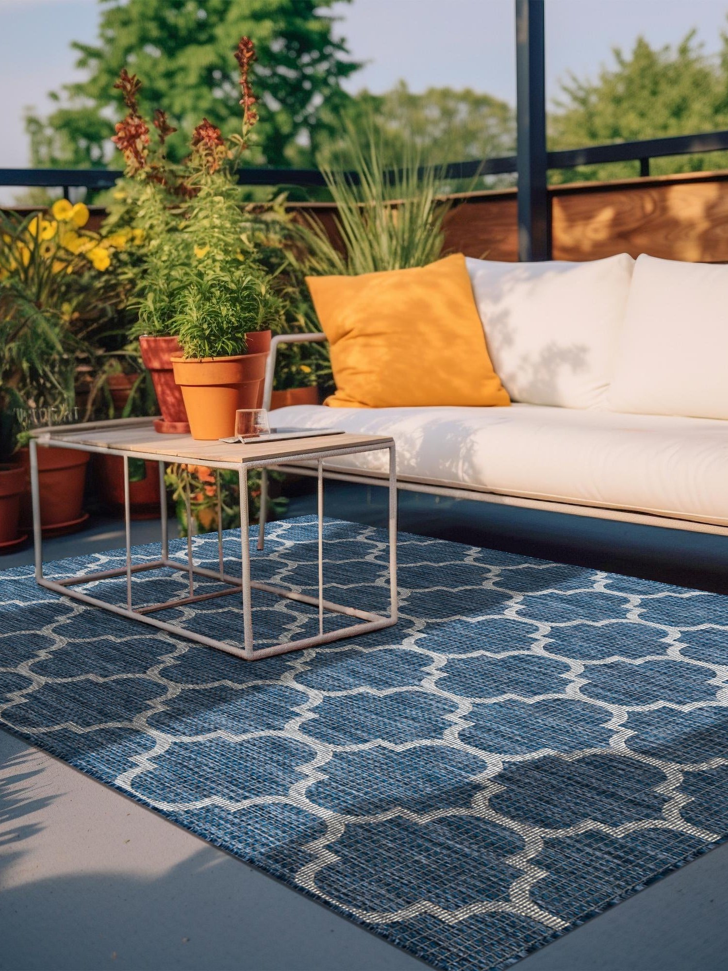 Navy Blue 10' x 14' 1 Outdoor Trellis Rectangle Area Rug Weather Resistant for Patio, Deck, Terrace, Balcony, Porch Geometric Design Water Safe Outside Carpet for Sale at Rug Engine