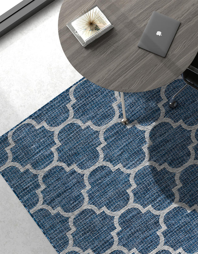 Navy Blue 7' 10 x 11' Outdoor Trellis Rectangle Area Rug Weather Resistant for Patio, Deck, Terrace, Balcony, Porch Geometric Design Water Safe Outside Carpet for Sale at Rug Engine