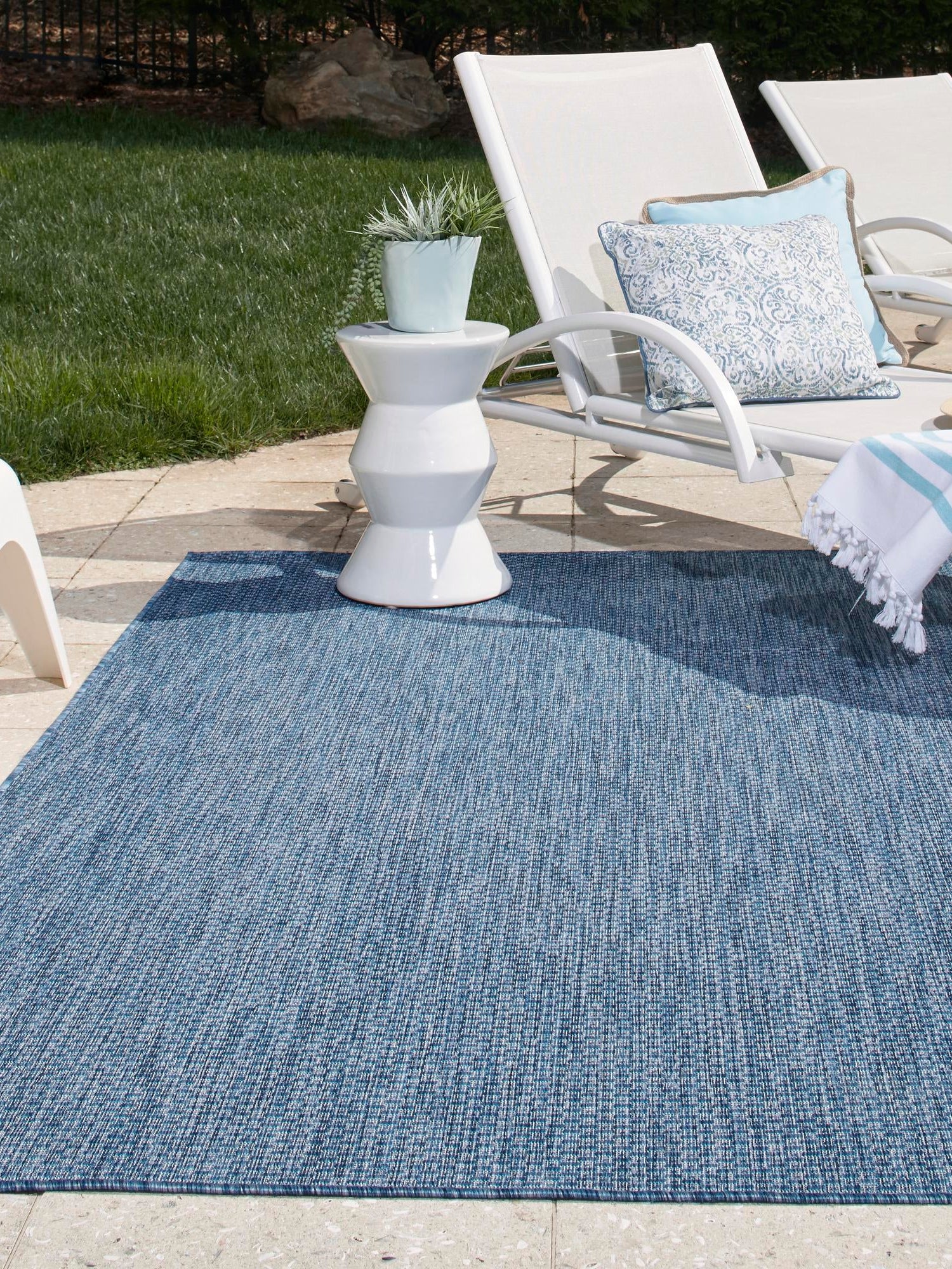 Blue 10' x 13' 1 Outdoor Solid Rectangle Area Rug Weather Resistant for Patio, Deck, Terrace, Balcony, Porch 100% Polypropylene Minimalist Waterproof Carpet for Sale at Rug Engine