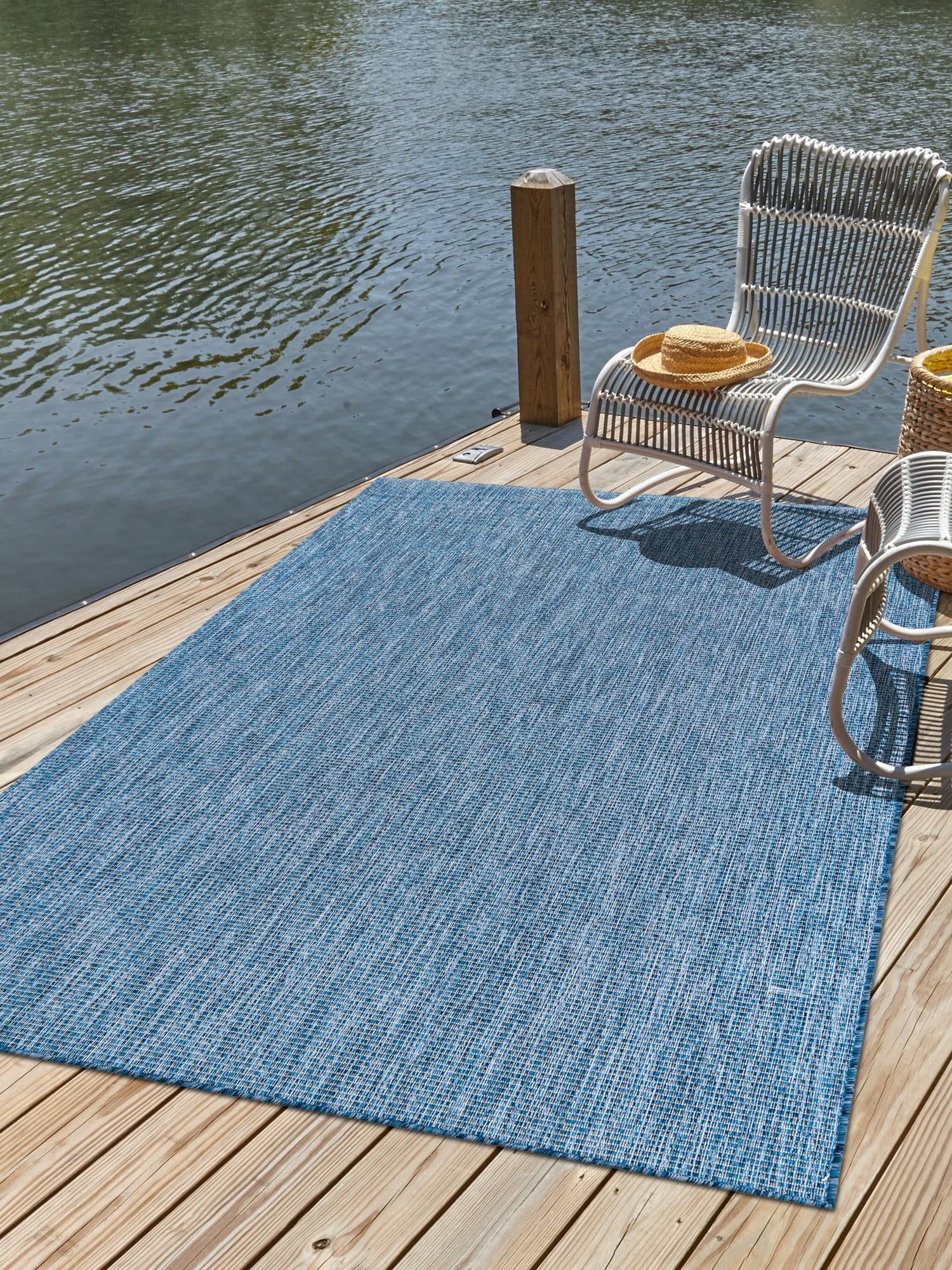 Blue 7' 1 x 10' Outdoor Solid Rectangle Area Rug Weather Resistant for Patio, Deck, Terrace, Balcony, Porch 100% Polypropylene Minimalist Waterproof Carpet for Sale at Rug Engine
