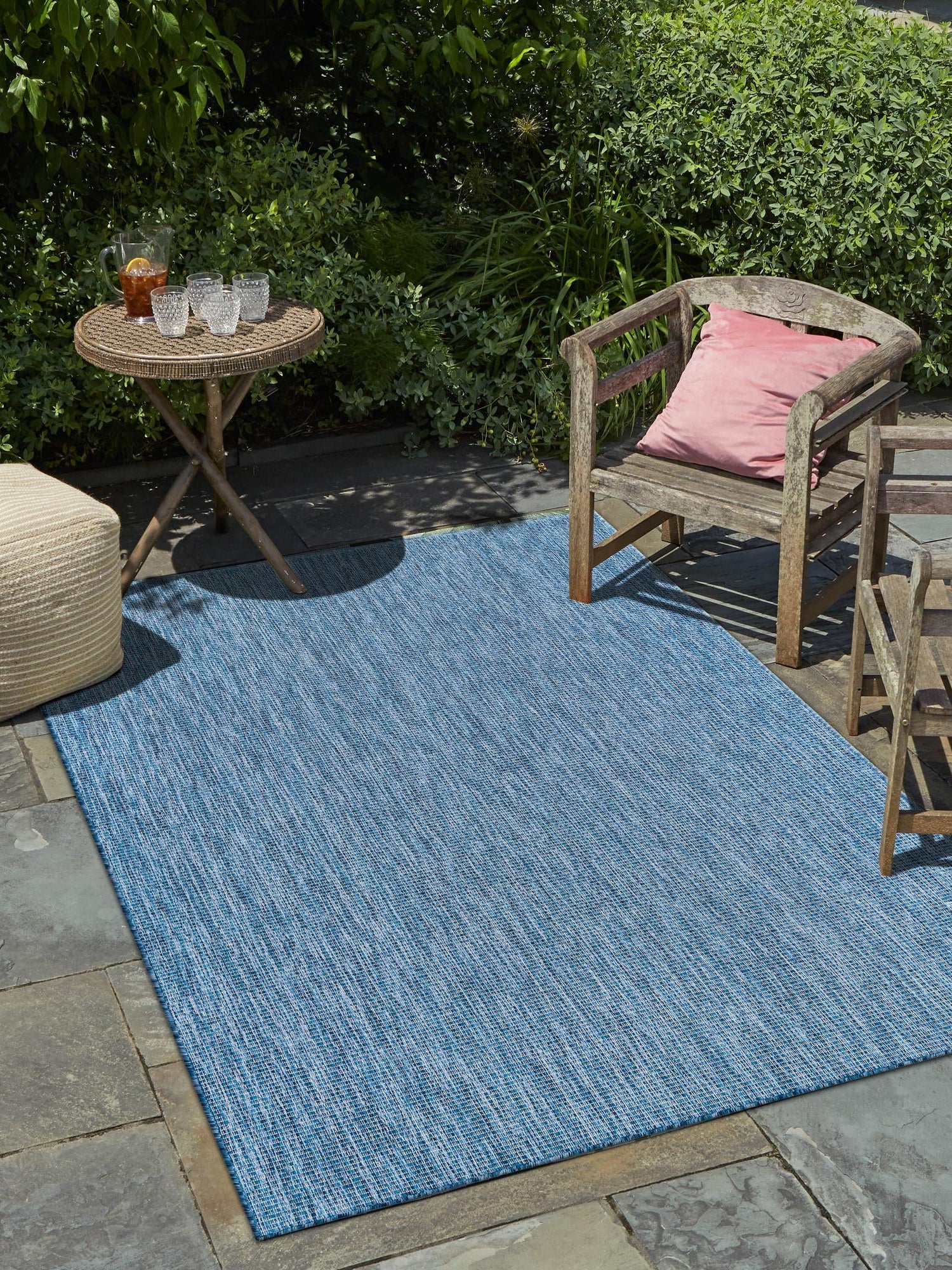 Blue 5' 3 x 7' 1 Outdoor Solid Rectangle Area Rug Weather Resistant for Patio, Deck, Terrace, Balcony, Porch 100% Polypropylene Minimalist Waterproof Carpet for Sale at Rug Engine