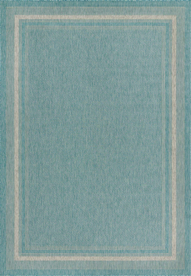 Aquamarine 7' 10 x 11' Outdoor Border Rectangle Area Rug Weather Resistant for Patio, Deck, Terrace, Balcony, Porch