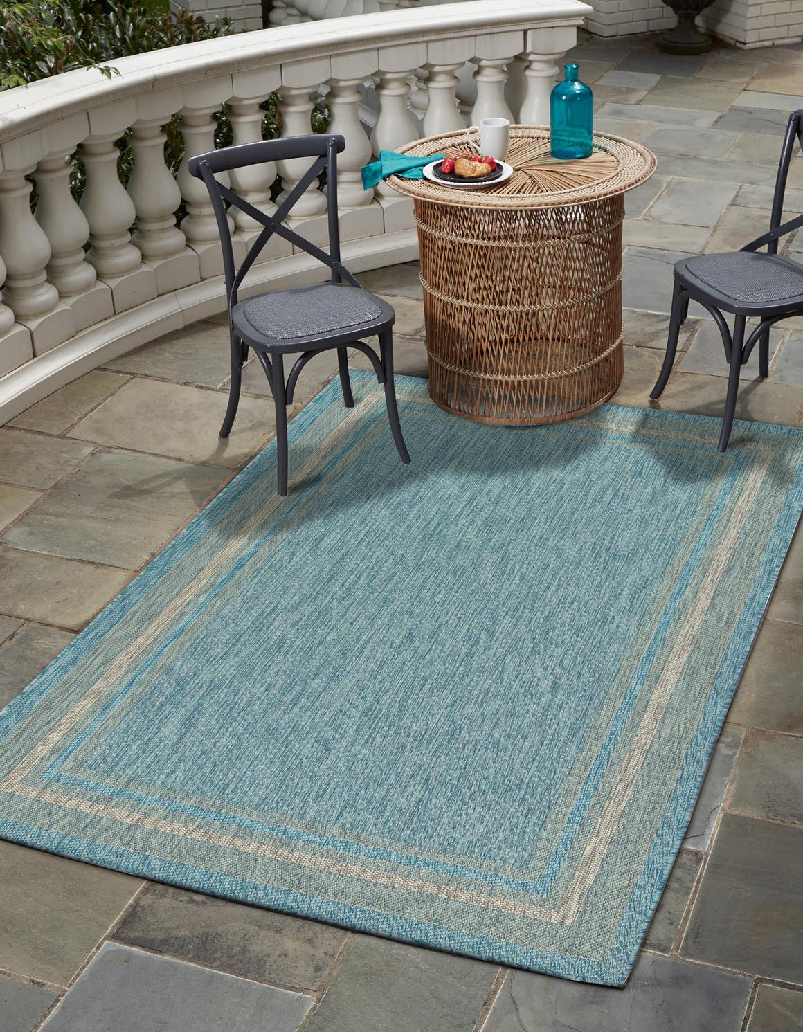 Aquamarine 7' 10 x 11' Outdoor Border Rectangle Area Rug Weather Resistant for Patio, Deck, Terrace, Balcony, Porch 100% Polypropylene Classic Bordered Carpet for Sale at Rug Engine