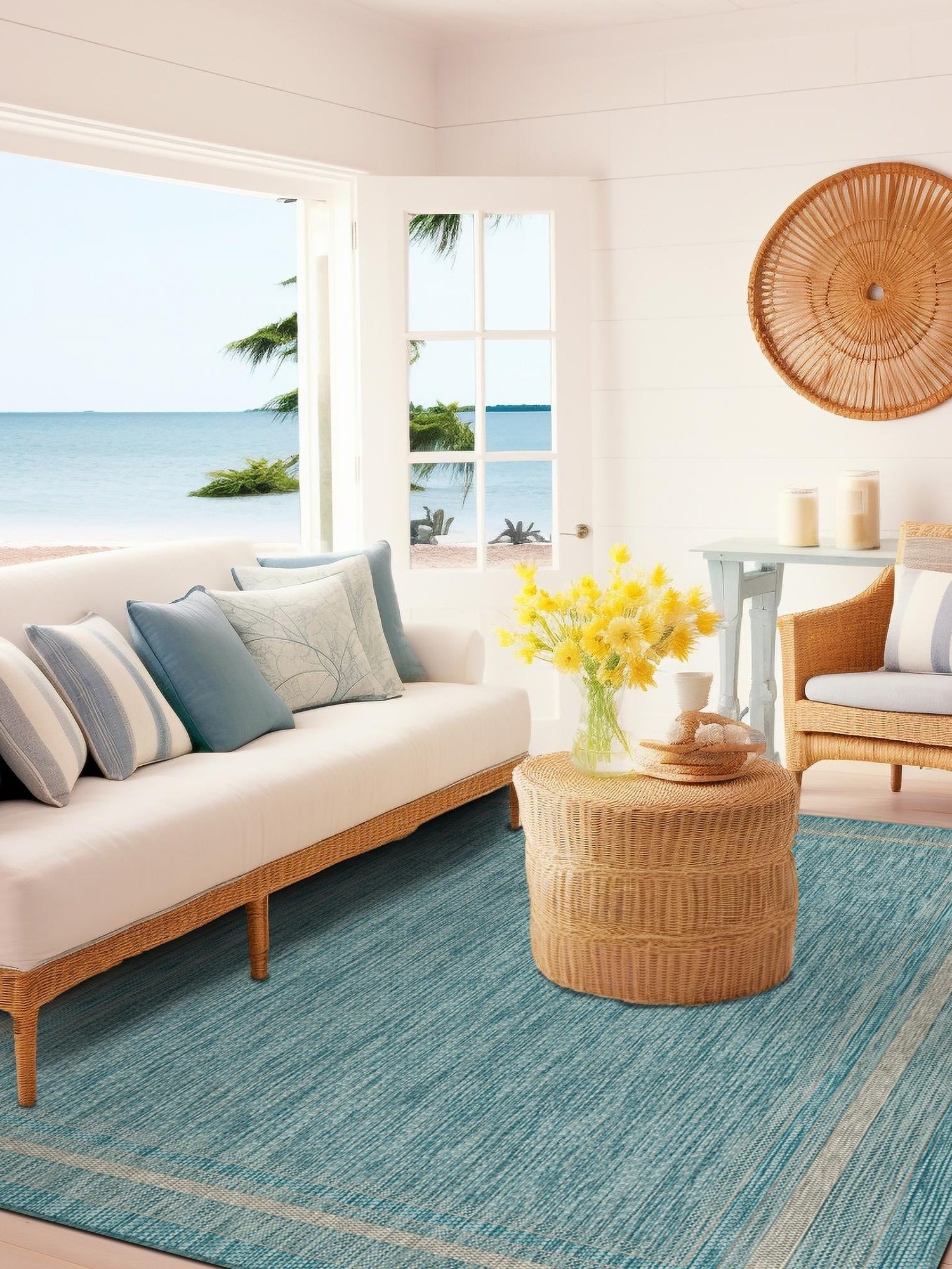 Aquamarine 5' 3 x 8' Outdoor Border Rectangle Area Rug Weather Resistant for Patio, Deck, Terrace, Balcony, Porch 100% Polypropylene Classic Bordered Carpet for Sale at Rug Engine