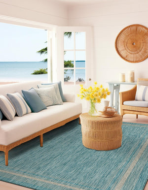 Aquamarine 7' 1 x 10' Outdoor Border Rectangle Area Rug Weather Resistant for Patio, Deck, Terrace, Balcony, Porch 100% Polypropylene Classic Bordered Carpet for Sale at Rug Engine