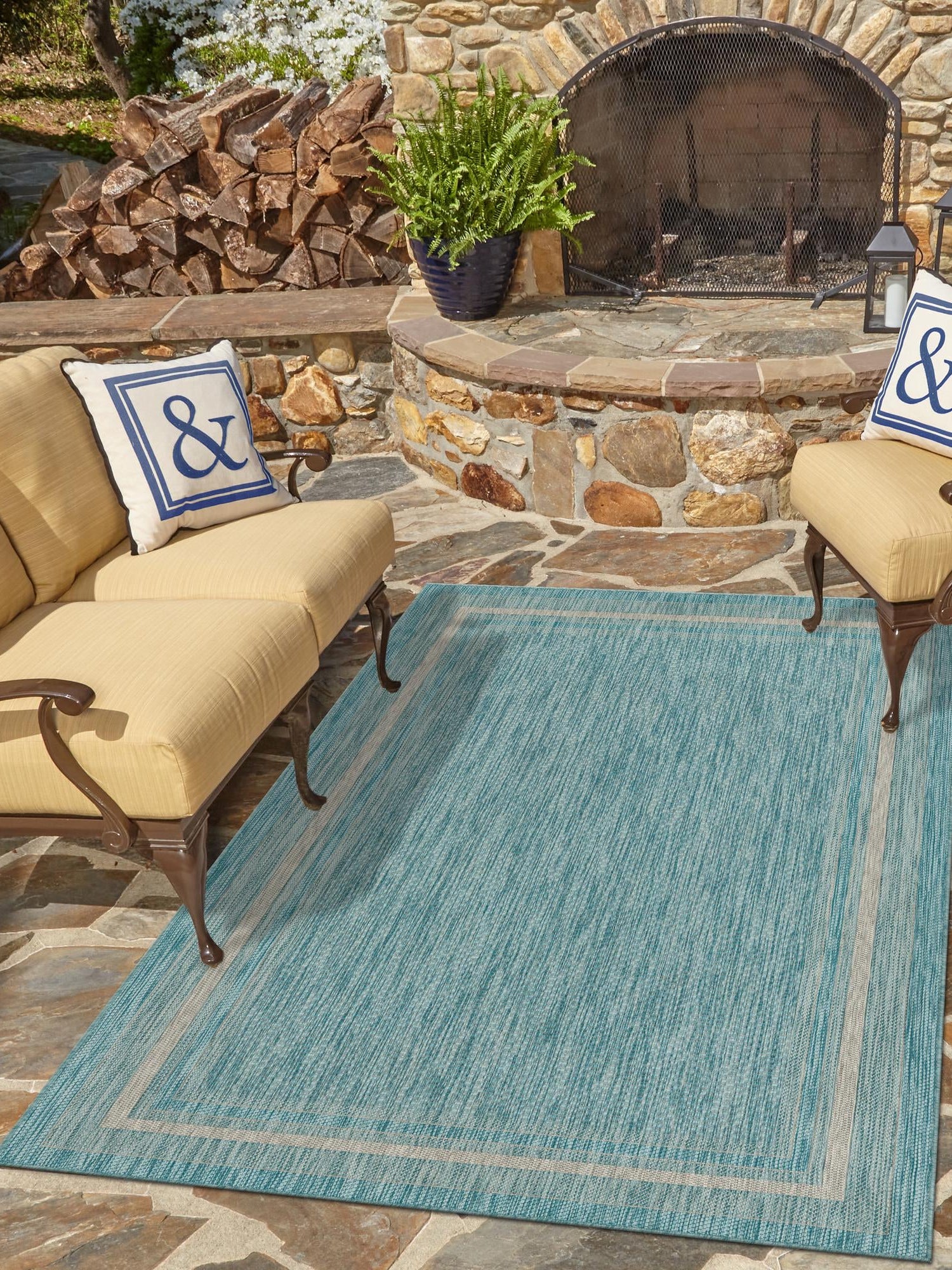 Aquamarine 5' 3 x 8' Outdoor Border Rectangle Area Rug Weather Resistant for Patio, Deck, Terrace, Balcony, Porch 100% Polypropylene Classic Bordered Carpet for Sale at Rug Engine