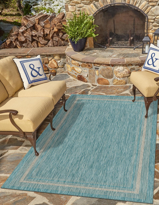 Aquamarine 6' 1 x 9' Outdoor Border Rectangle Area Rug Weather Resistant for Patio, Deck, Terrace, Balcony, Porch 100% Polypropylene Classic Bordered Carpet for Sale at Rug Engine