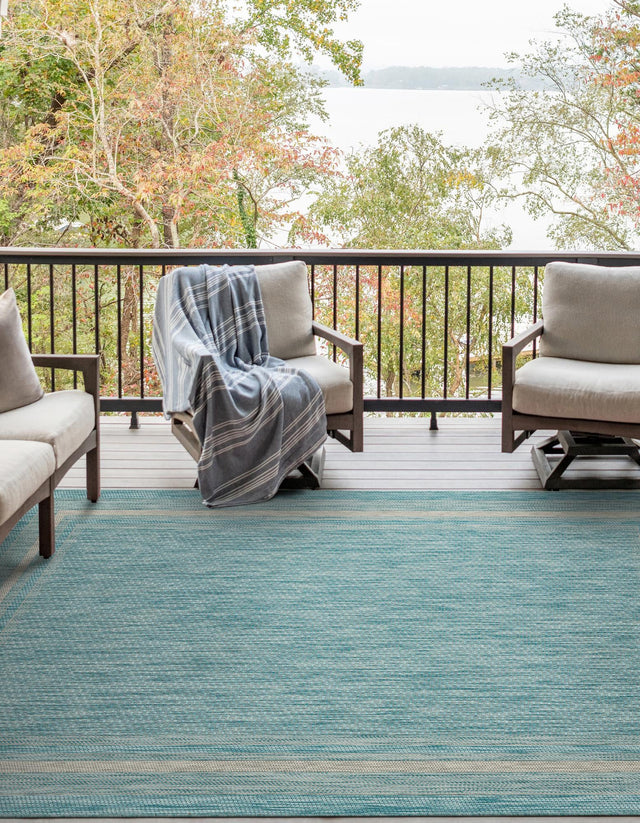Aquamarine 6' 1 x 9' Outdoor Border Rectangle Area Rug Weather Resistant for Patio, Deck, Terrace, Balcony, Porch 100% Polypropylene Classic Bordered Carpet for Sale at Rug Engine