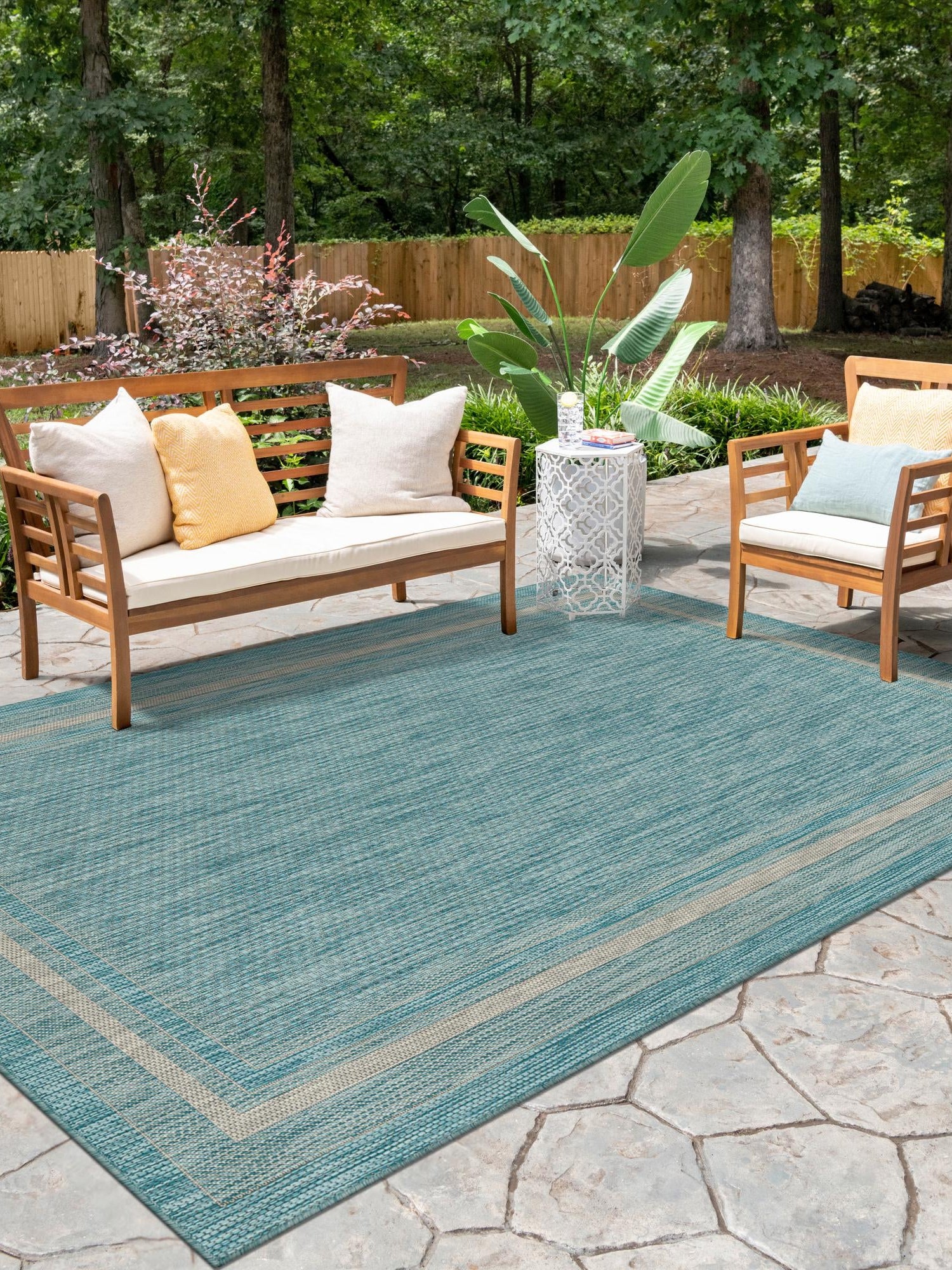 Aquamarine 7' 10 x 11' Outdoor Border Rectangle Area Rug Weather Resistant for Patio, Deck, Terrace, Balcony, Porch 100% Polypropylene Classic Bordered Carpet for Sale at Rug Engine