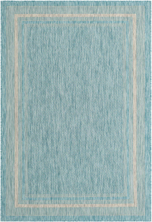 Aquamarine 6' 1 x 9' Outdoor Border Rectangle Area Rug Weather Resistant for Patio, Deck, Terrace, Balcony, Porch 100% Polypropylene Classic Bordered Carpet for Sale at Rug Engine
