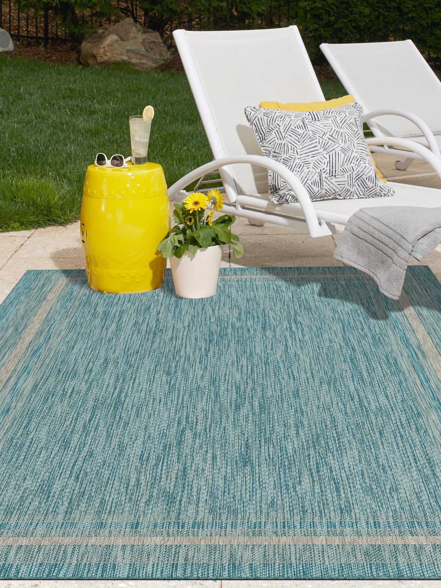 Aquamarine 6' 1 x 9' Outdoor Border Rectangle Area Rug Weather Resistant for Patio, Deck, Terrace, Balcony, Porch 100% Polypropylene Classic Bordered Carpet for Sale at Rug Engine