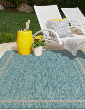 Aquamarine 6' 1 x 9' Outdoor Border Rectangle Area Rug Weather Resistant for Patio, Deck, Terrace, Balcony, Porch 100% Polypropylene Classic Bordered Carpet for Sale at Rug Engine