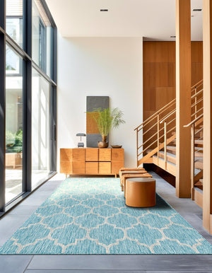 Aquamarine 3' 1 x 5' 3 Outdoor Trellis Rectangle Area Rug Weather Resistant for Patio, Deck, Terrace, Balcony, Porch Geometric Design Water Safe Outside Carpet for Sale at Rug Engine