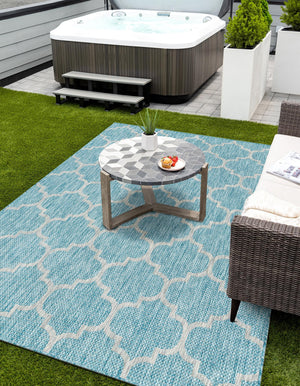 Aquamarine 3' 1 x 5' 3 Outdoor Trellis Rectangle Area Rug Weather Resistant for Patio, Deck, Terrace, Balcony, Porch Geometric Design Water Safe Outside Carpet for Sale at Rug Engine