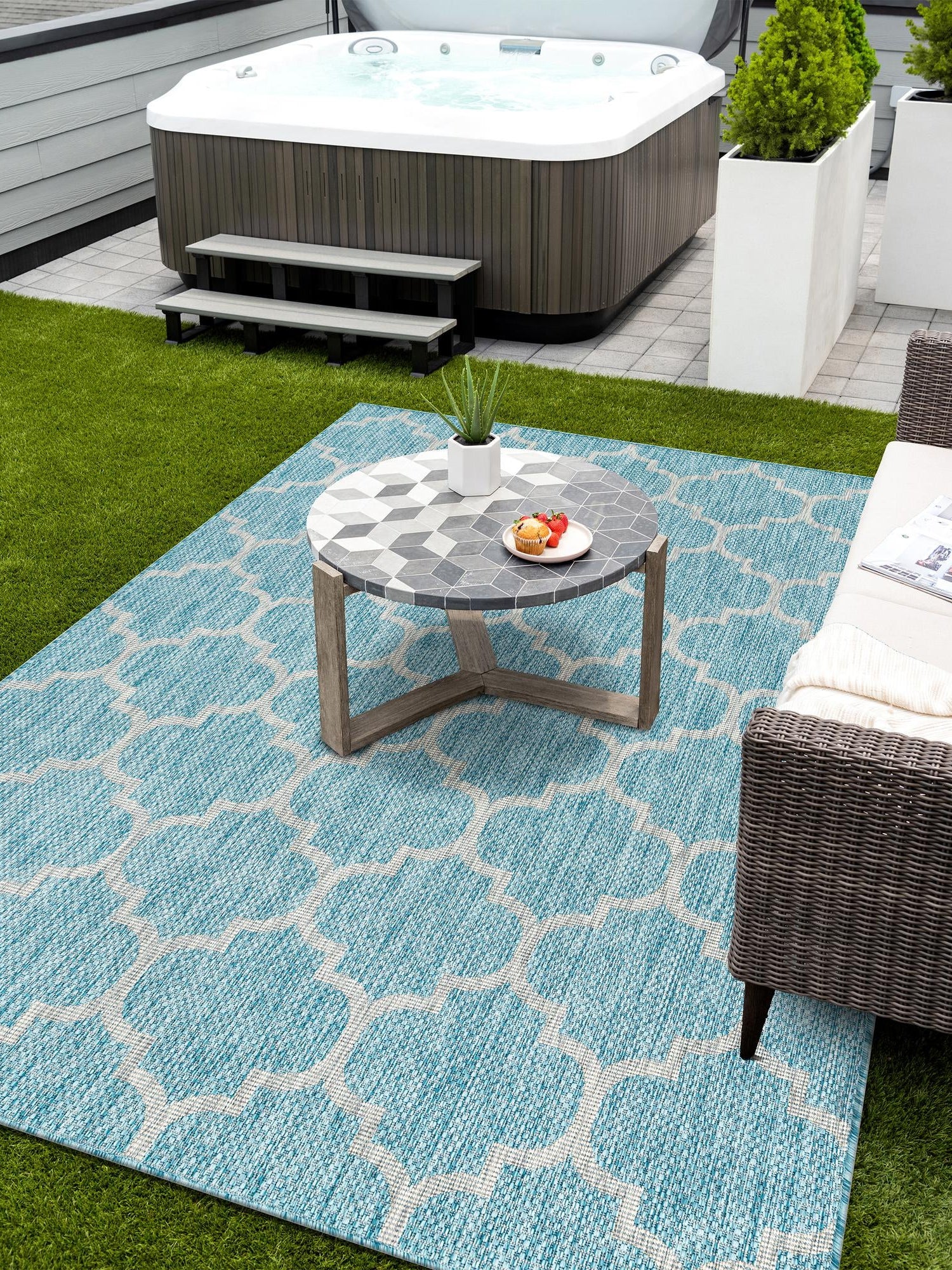 Aquamarine 10' x 14' 1 Outdoor Trellis Rectangle Area Rug Weather Resistant for Patio, Deck, Terrace, Balcony, Porch Geometric Design Water Safe Outside Carpet for Sale at Rug Engine