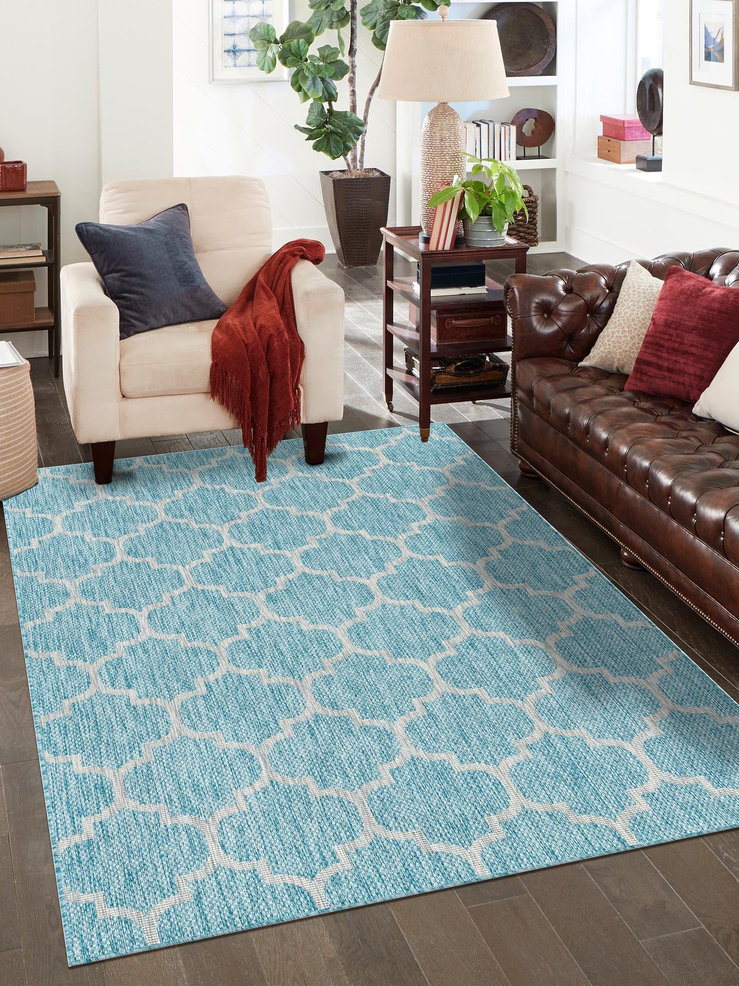 Aquamarine 4' 1 x 6' 1 Outdoor Trellis Rectangle Area Rug Weather Resistant for Patio, Deck, Terrace, Balcony, Porch Geometric Design Water Safe Outside Carpet for Sale at Rug Engine