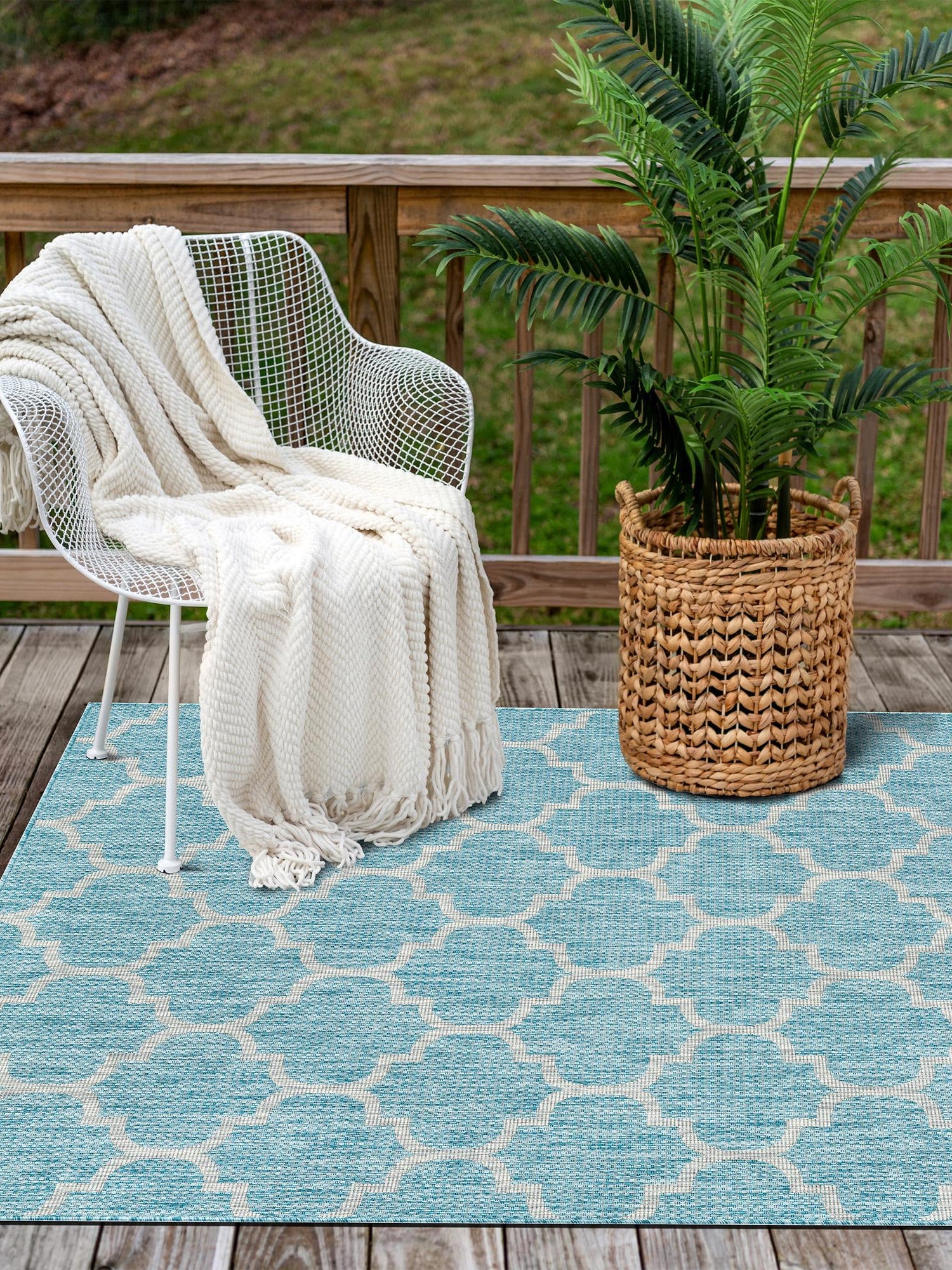 Aquamarine 6' 1 x 9' Outdoor Trellis Rectangle Area Rug Weather Resistant for Patio, Deck, Terrace, Balcony, Porch Geometric Design Water Safe Outside Carpet for Sale at Rug Engine