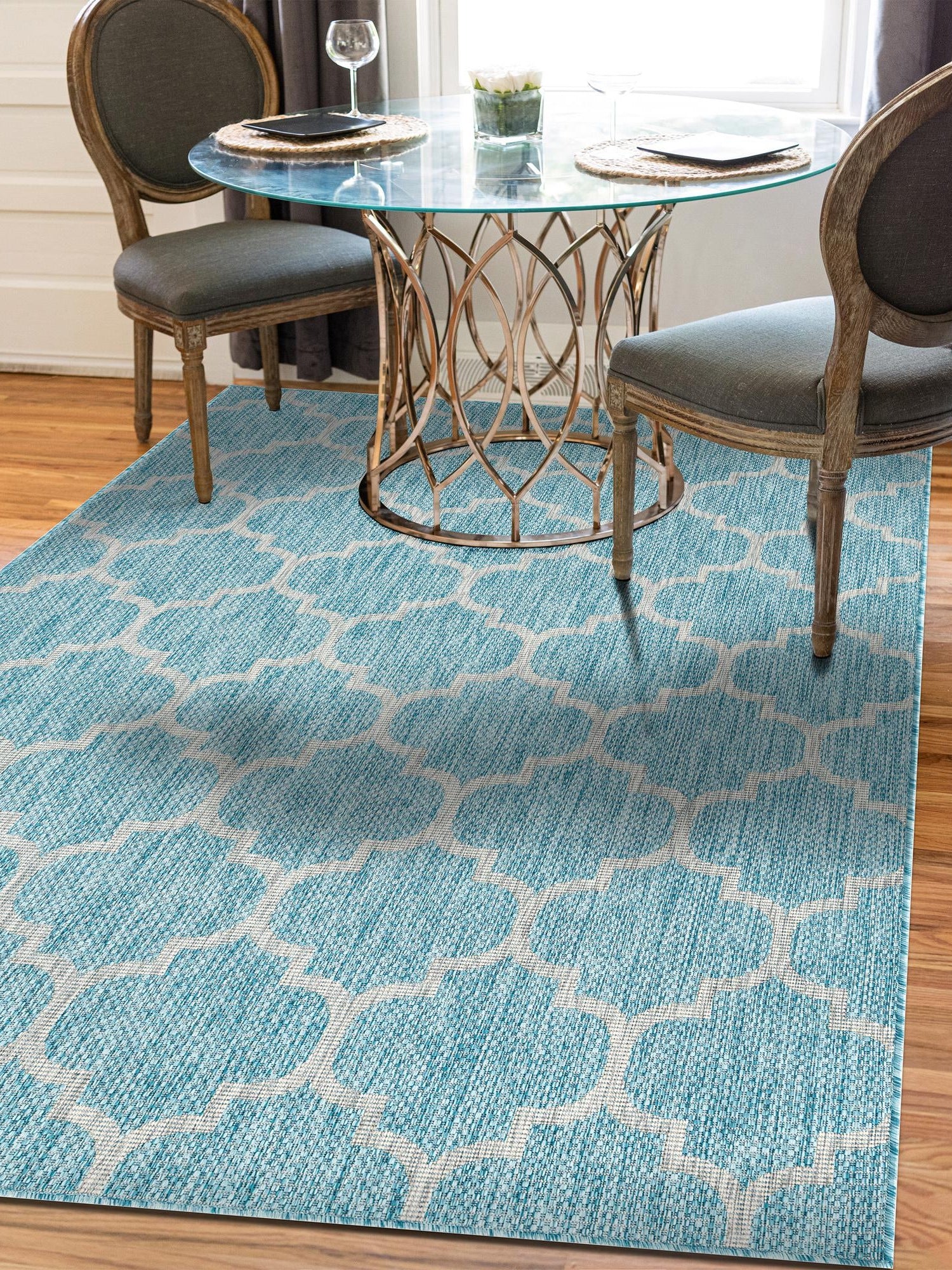 Aquamarine 4' 1 x 6' 1 Outdoor Trellis Rectangle Area Rug Weather Resistant for Patio, Deck, Terrace, Balcony, Porch Geometric Design Water Safe Outside Carpet for Sale at Rug Engine